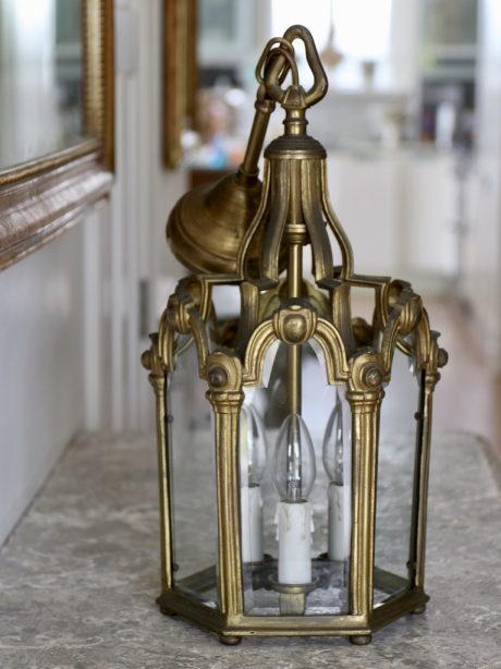 Antique French bronze three light hall lantern