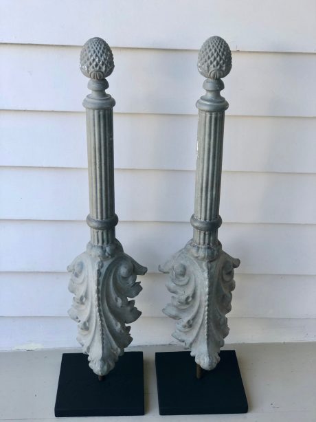 Pair of antique zinc finials mounted on wooden bases