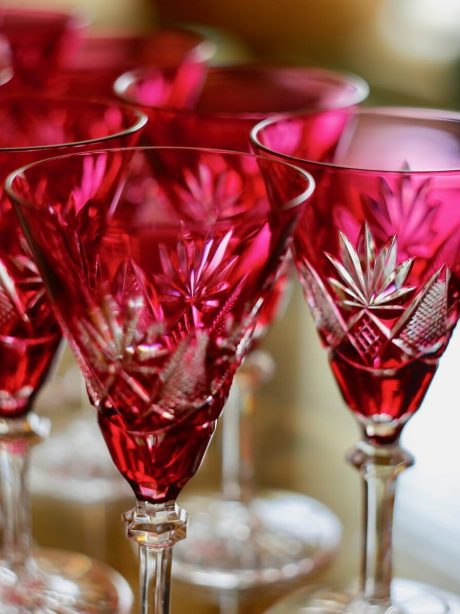 A set of ten Val St Lambert crystal cranberry double cut aperitif glasses