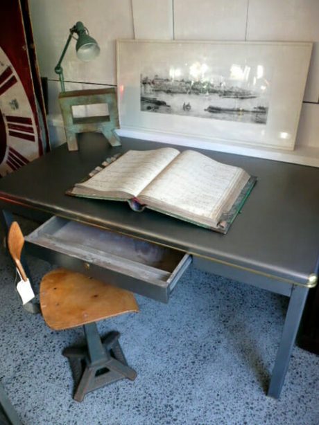 1940's Belgian steel and brass detailed desk with one drawer