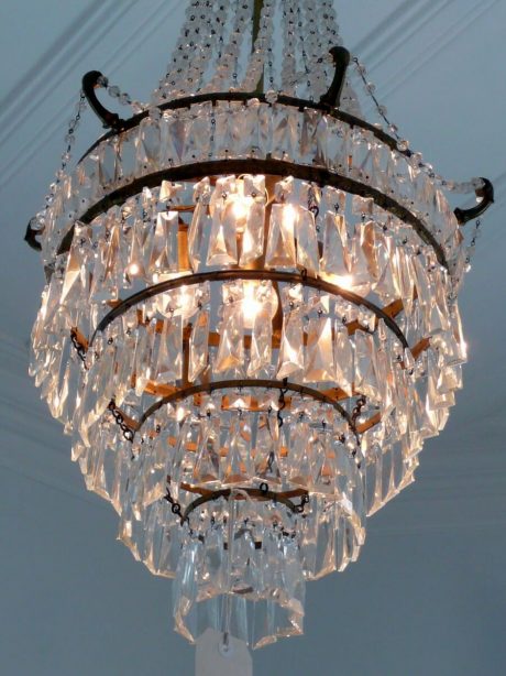 1950s French tiered crystal and brass chandelier