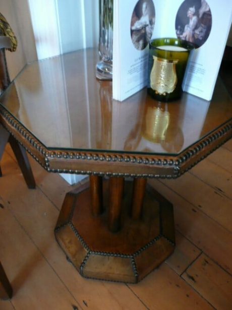 Studded leather deco table with glass top c.1930