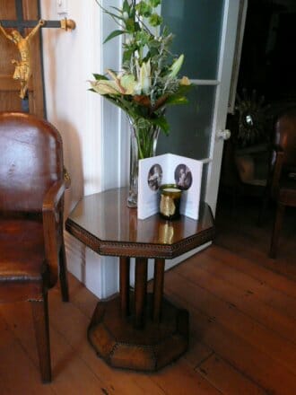 Studded leather deco table with glass top c.1930