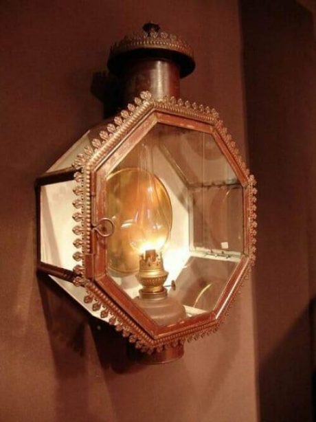 19th century european oil lamp in a metal lantern c.1870