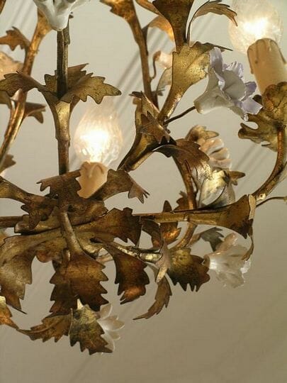 Gilded metal Italian chandelier with porcelain flower accents