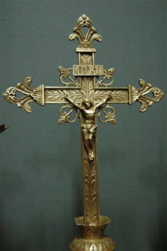 Antique pair of bronze candlesticks with crucifix c.1860