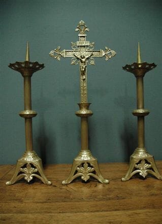 Antique pair of bronze candlesticks with crucifix c.1860