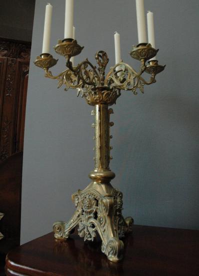 Pair of ecclesiastical bronze six arm candlesticks c.1880