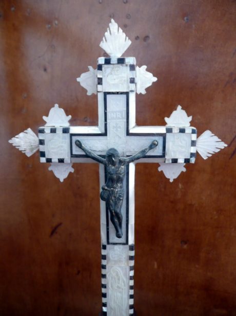 Mother of pearl, ivory and olive wood crucifix c. 1890-1900