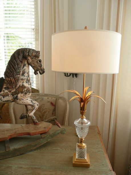 1950's French gilded metal and crystal lamp