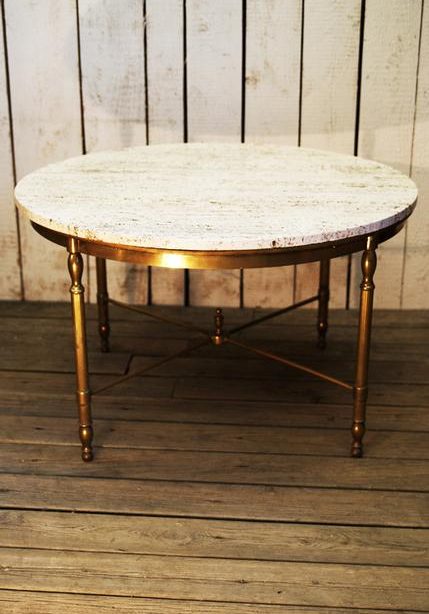 French Travertine topped coffee table with brass base c.1950