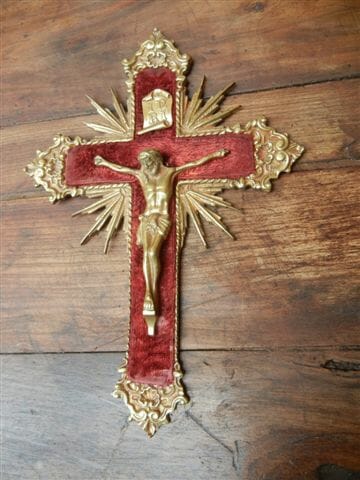 Napoleon III style Brass crucifix c.1890 on velvet backing