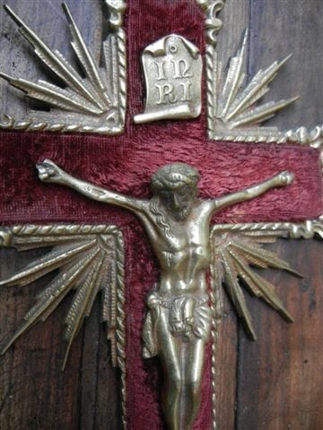 Napoleon III style Brass crucifix c.1890 on velvet backing