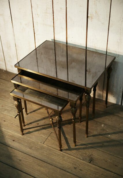 French set of nesting table in brass and eglomised glass c.1950