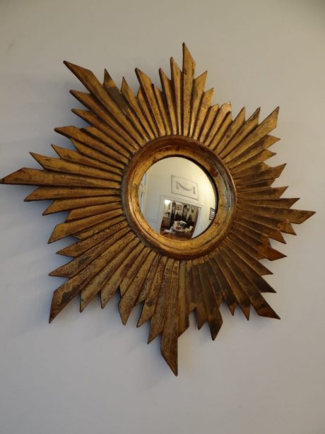 1950's French gilded wooden starburst with convex mirror