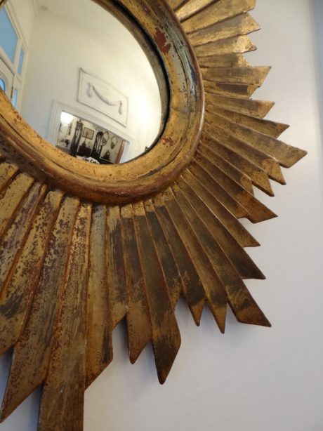 1950's French gilded wooden starburst with convex mirror