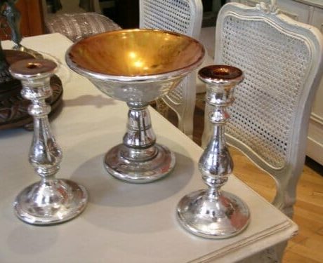 Antique Bohemian silvered mercury glass chalice and candlesticks c.1860