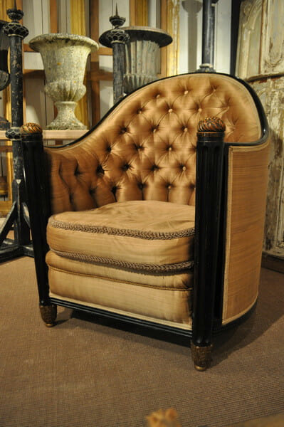 Silk button back armchair with ebonised frame c.1925