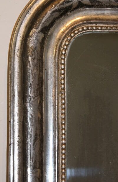 Antique French archtop mirror with etched silver leaf frame c.1900