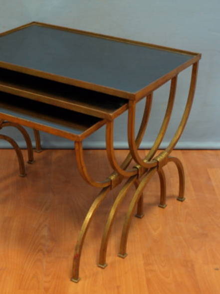 1960's French gilded metal and glass nest of tables