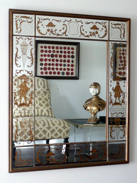Mid century chinoiserie designed eglomised mirror