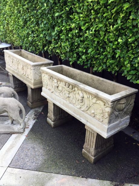 Pair of nicely weathered composite stone Haddonstone troughs