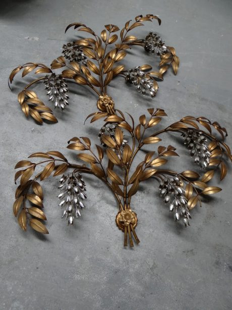 1950's French wisteria gilded metal wall lights
