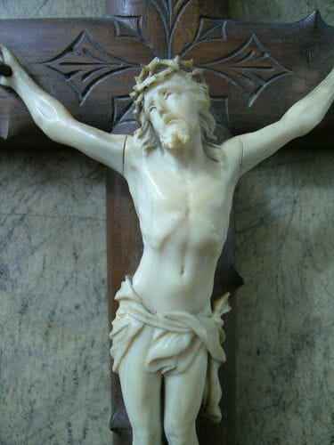 French Oak Crucifix with Hand Carved Ivory Jesus