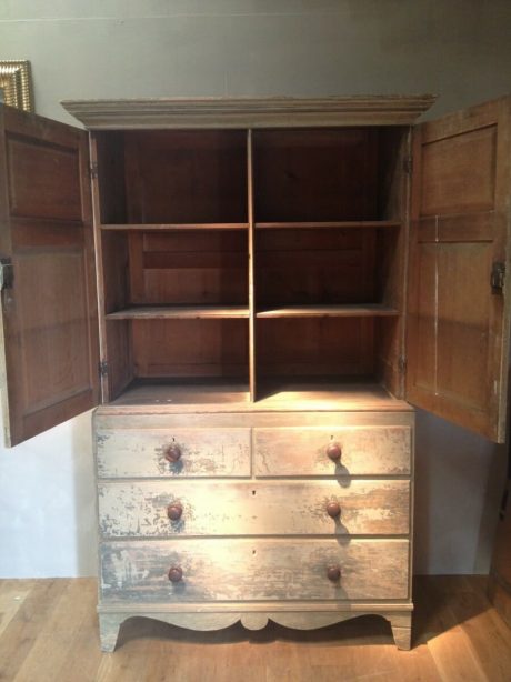 Early 19th century George IV pine kitchen press cupboard in original paint
