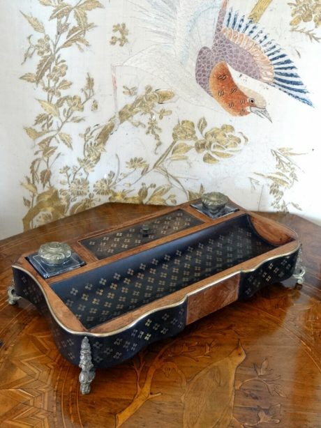 Double wooden inkwell with bronze inlay c.1900