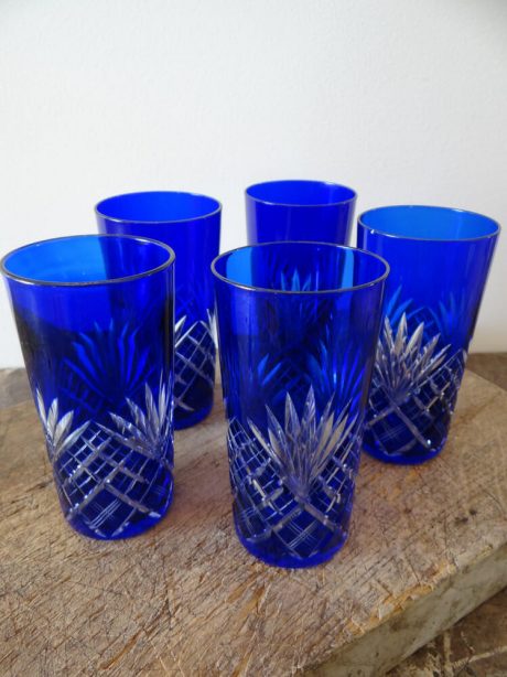 Five blue double cut Val St Lambert crystal tumblers