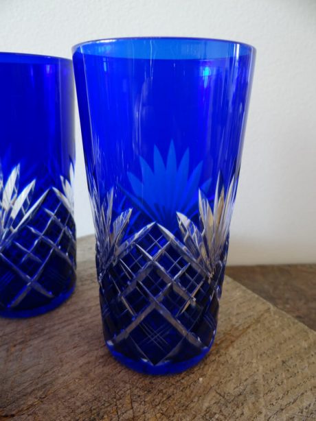 Five blue double cut Val St Lambert crystal tumblers