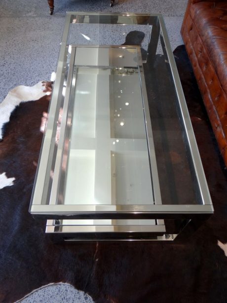 Chromed two tier glass coffee  table with pull out display  drawer c.1970