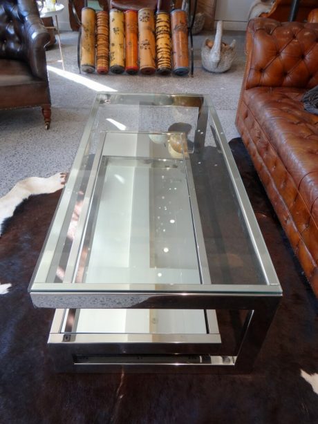 Chromed two tier glass coffee  table with pull out display  drawer c.1970