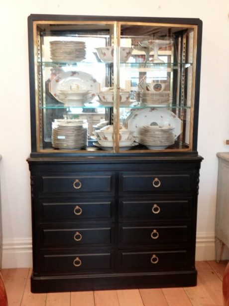 Antique ebonised vitrine with brass and glass shelves