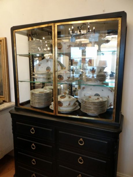 Antique ebonised vitrine with brass and glass shelves