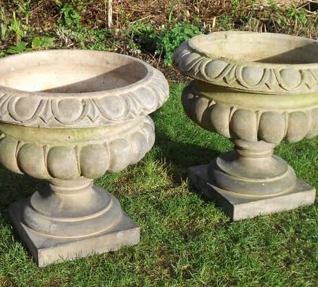 Pair of pale terracotta English urns c.1870