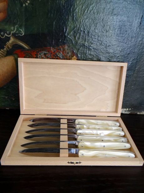 Boxed set of Mother of Pearl steak knives from Thiers in France