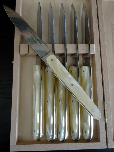 Boxed set of Mother of Pearl steak knives from Thiers in France