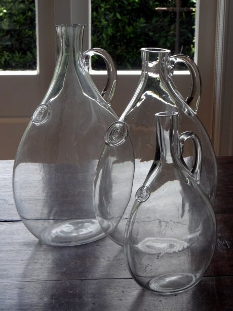 Trio of French mid century hand blown glass carafes