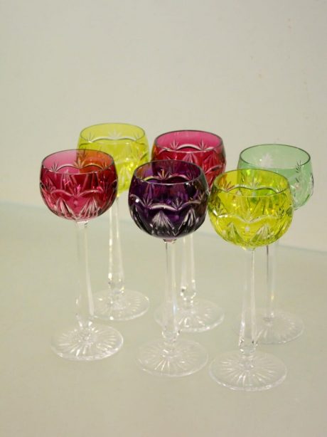 Coloured cut crystal wine glasses c.1950