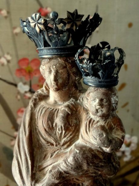 18th century Terracotta Madonna with child with silver crown