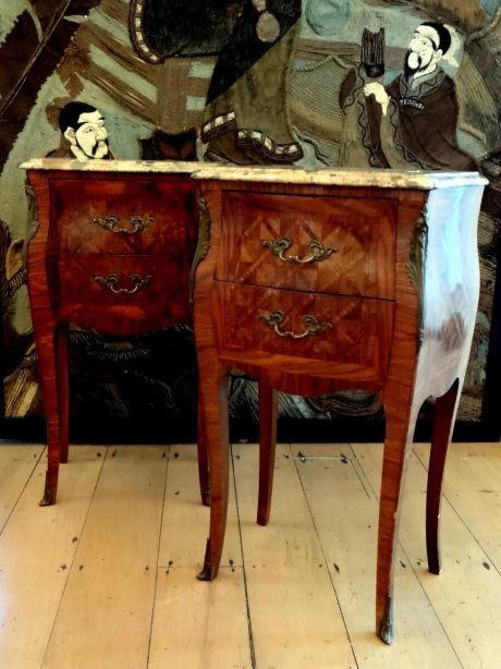 Pair of French Marquetry Marble Top Side Cabinets c.1940