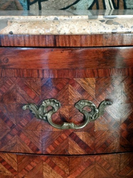 Pair of French Marquetry Marble Top Side Cabinets c.1940