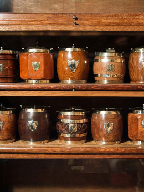 Collection of Edwardian oak and silver plate biscuit barrels c.1920