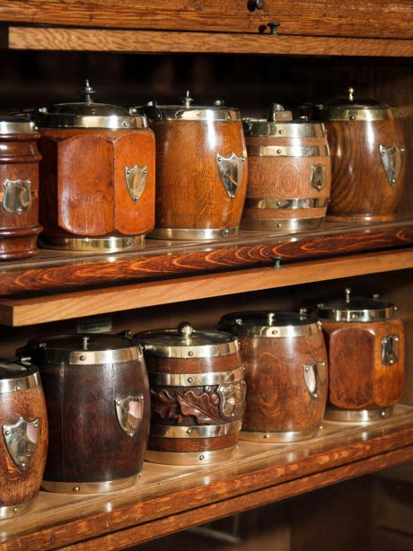 Collection of Edwardian oak and silver plate biscuit barrels c.1920