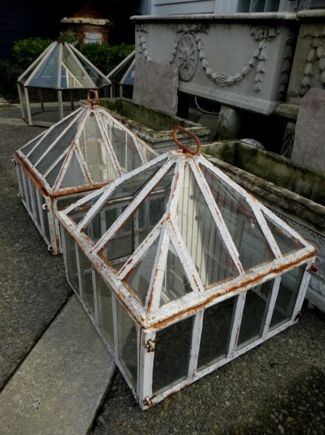 Pair of iron and glass garden cloches c.1840