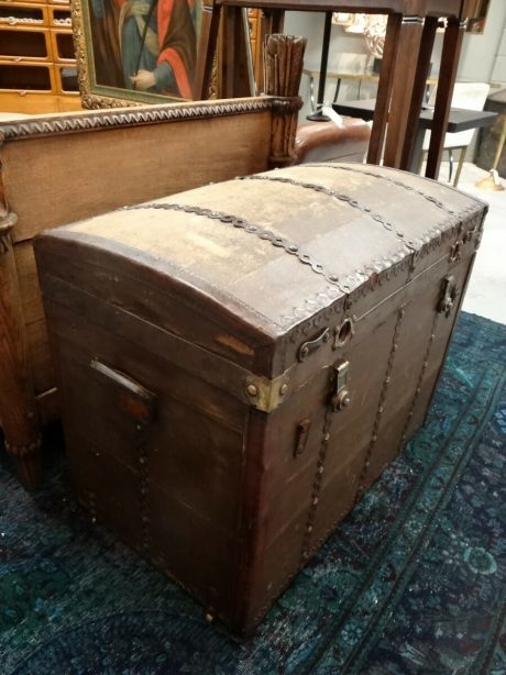 Antique French steamer canvas and leather trunk