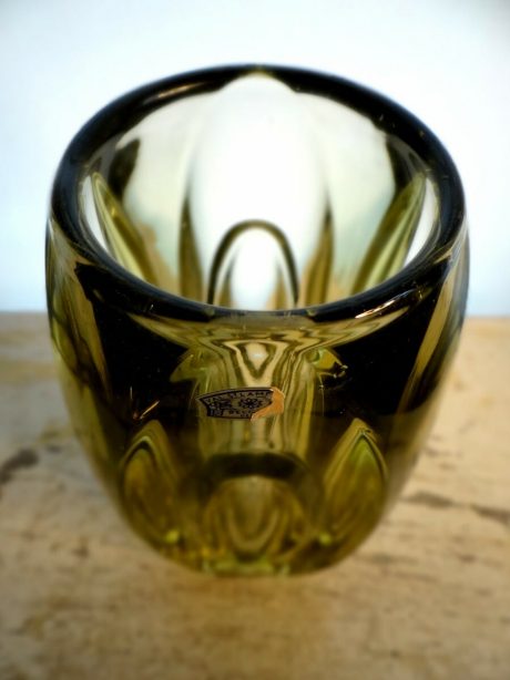 Val St Lambert Olive Green crystal cylindrical vase