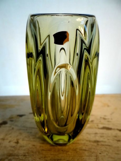 Val St Lambert Olive Green crystal cylindrical vase